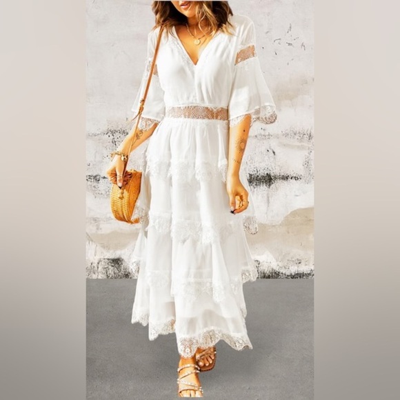 Tulle High Waist Hollow Out Lace Short Sleeve V Neck Long Dress - Picture 9 of 10